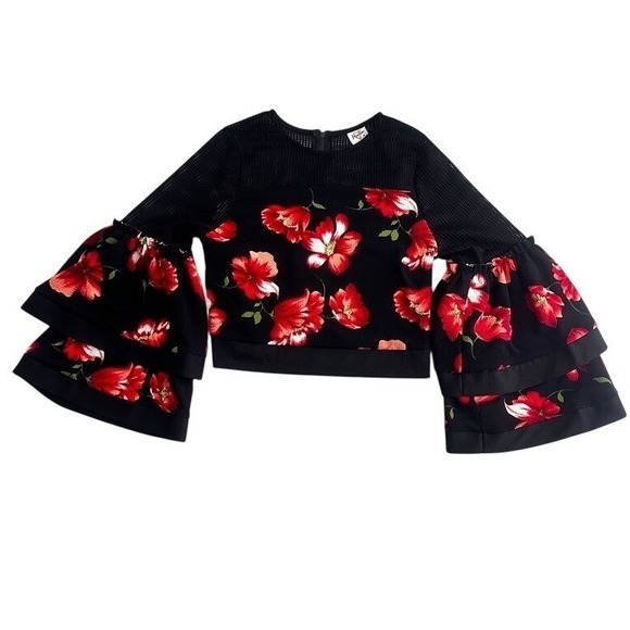 Impulse Black Red Floral Mesh Ruffle Sleeve Cropped Top Medium - Picture 3 of 16